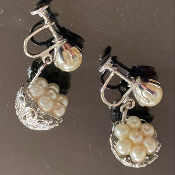3 for $30 Vintage Silver Tone Filigree Basket Earrings with Faux Pearls - Picture 3 of 9